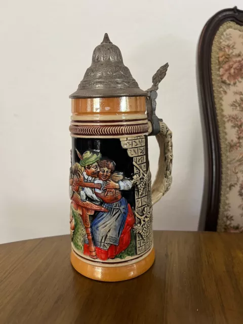 Vintage Ceramic German Beer Stein with Pewter Flip Lid 23.5cm tall