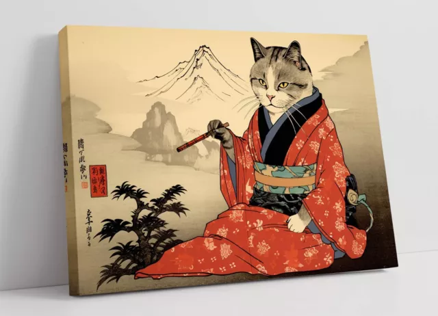 Cat In Kimono Smoking A Pipe, Ukiyo-E Style -Deep Framed Canvas Wall Art Print