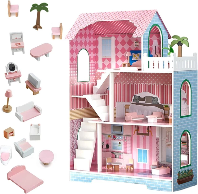 LARGE WOODEN DOLL House Kids 3 Storey Dollhouse Mansion Playhouse