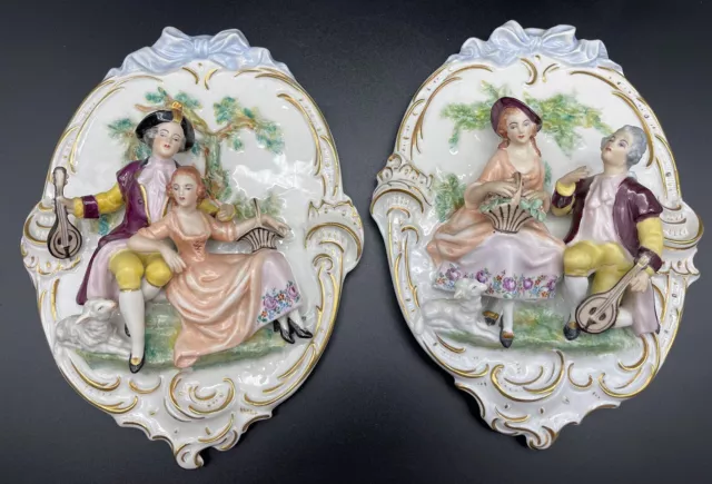 Vintage Pair Of CAPODIMONTE Wall Plate 3D Figurines PORCELAIN Italy