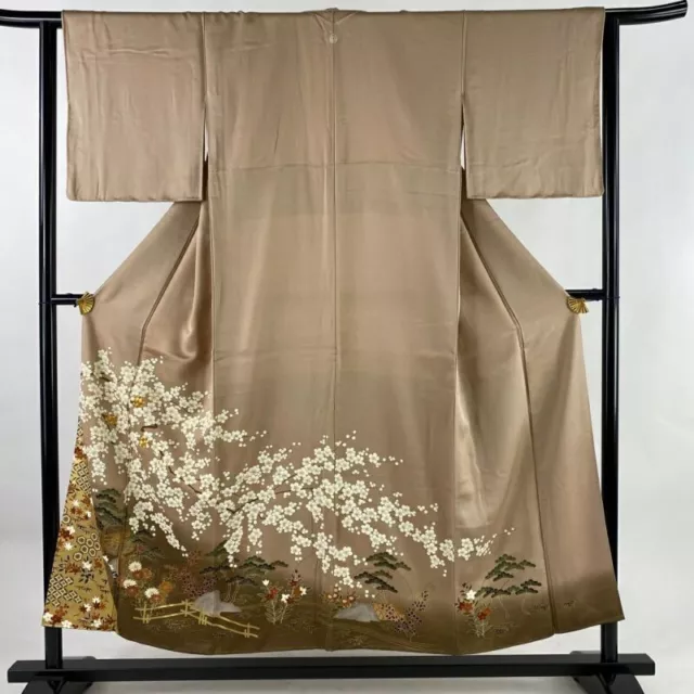 Woman Japanese Kimono Iro-Tomesode Silk Pine Bamboo PlumBlossom Foil Light Brown