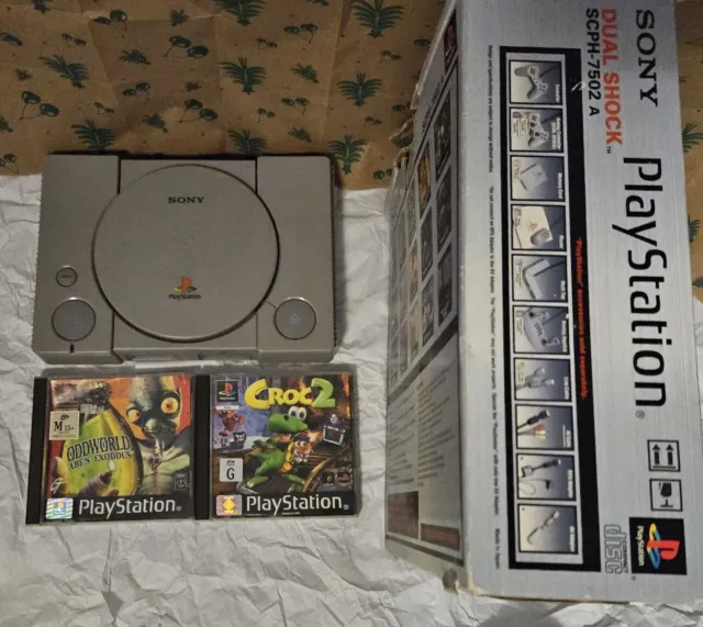 PS1 Console Boxed WORKING + 2 Games PlayStation One 1 Croc 2 Abe's Exodus