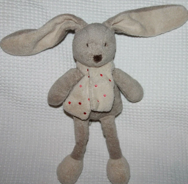Doudou Peluche Dimpel Lapin Beige Marron Ecru Echarpe Pois Rouge Etat Neuf