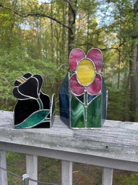 VTG Leaded Stained Glass Votive Candle, Plant Or Trinket Holders  Hand Made 2