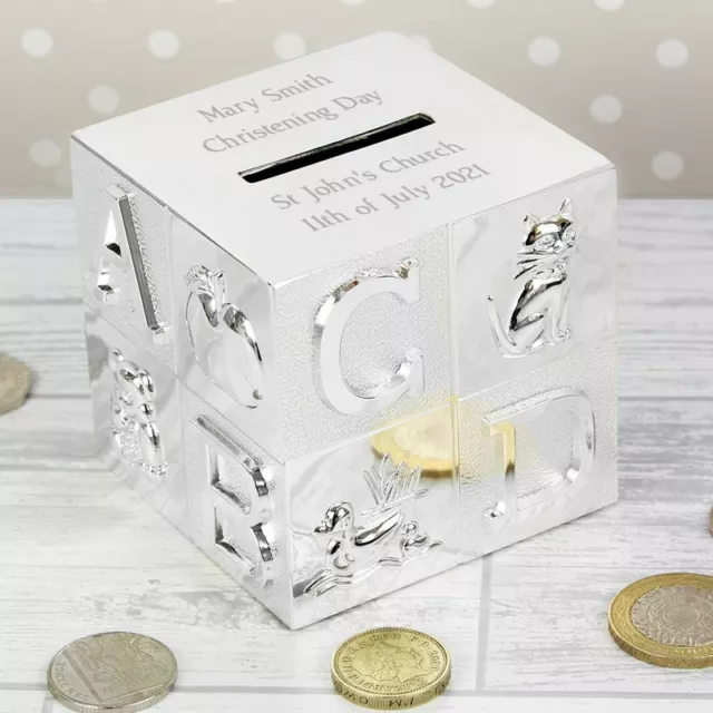 Personalised Engraved Silver Plated ABC Money Box Birthday baby Christening Gift