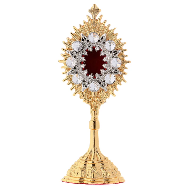 Reliquario ottone dorato e pietre bianche h 14 cm