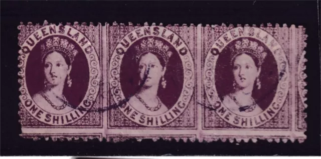 Queensland 1/- Purple Qv Small Chalon Strip 3 Used (F53)