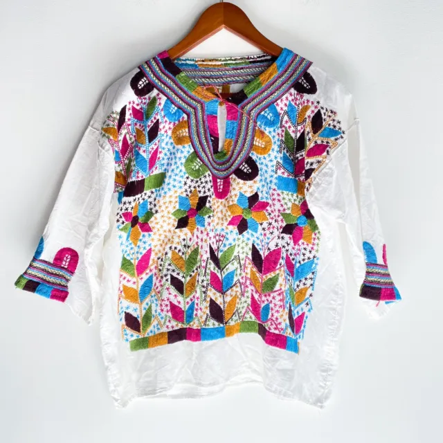 Vintage Mexican Guatemalan Hand Embroidered Floral Colourful Cotton Top M