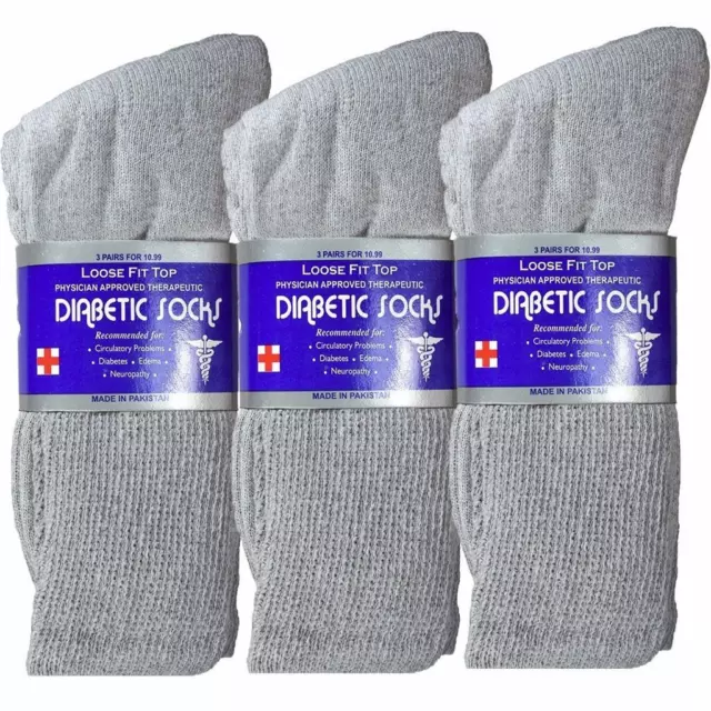3 Pairs New Gray Men Loose Fit Top Circulatory Diabetic Crew Socks Cotton 10-13