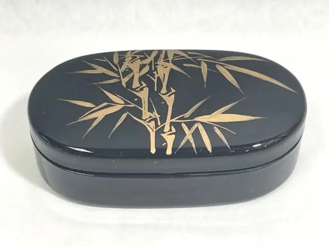Vintage Lacquerware Trinket Box With Lid Gold Bamboo Pattern