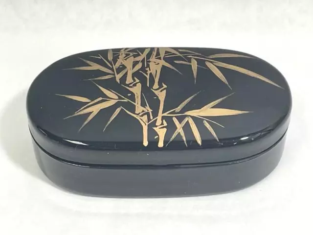 Vintage Lacquerware Trinket Box With Lid Gold Bamboo Pattern