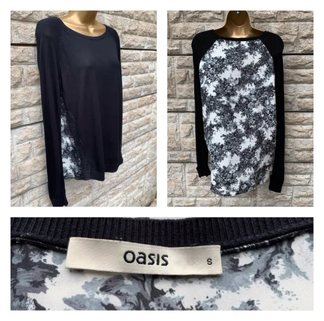 Ladies Oasis Black Knit Front Floral Silky Rear Jumper Blouse Top UK 8