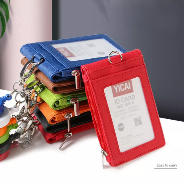 ID Badge Card Holder Leather Vertical Clip Retractable Neck Strap Lanyard Case