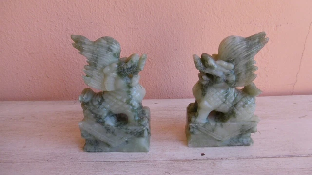 Estatuilla Fo Perros En Piedra Dura Color Verde Serpentina
