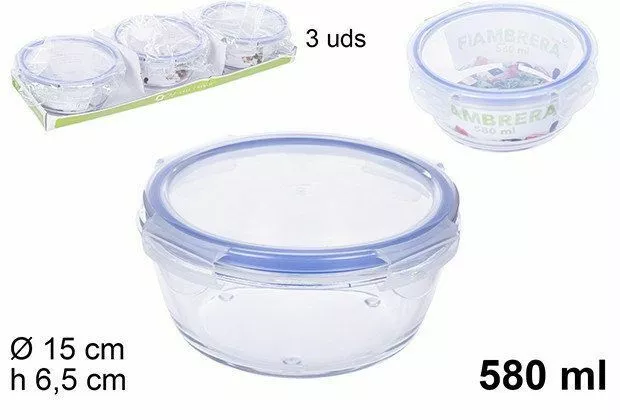 Set 3 Pièces Rangements Pour Aliments Verre avec Couvercle Plastique 580ml Dfh