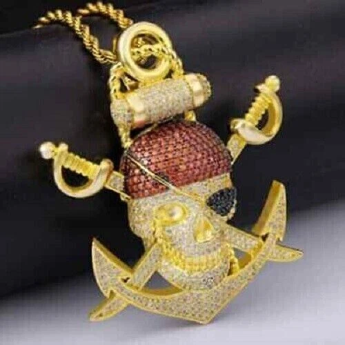3Ct Round Cut Moissanite & Ruby Hand Pirate Charm Pendant 14K Yellow Gold Plated
