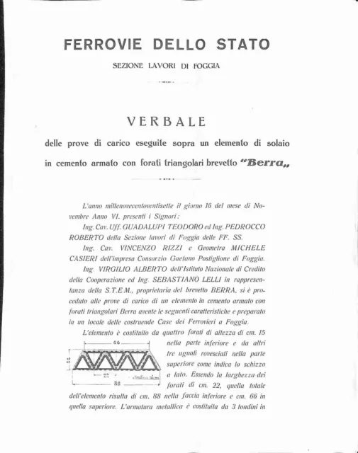 Ferrovie dello Stato. Sezione lavori di Foggia. Verbale delle prove solaio Berra