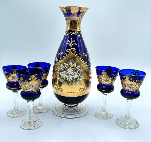Vintage VENETIAN COBALT BLUE DECANTER 5 Cordial Stems with Applied Flowers Gold