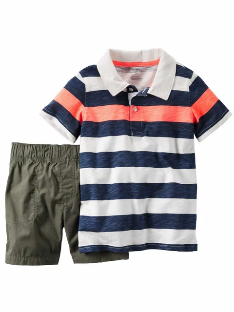 Carters Infant Boys Blue Coral White Striped Polo Baby Outfit Green Short Set 6M