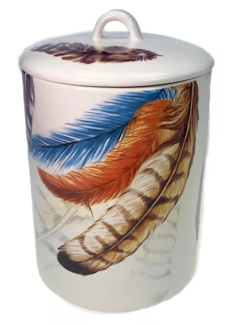 8.5” Pier One Ceramic Canister Container Storage Feathers Native SW Cookie Jar