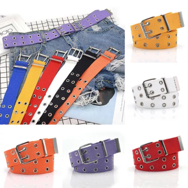 Women 2-Row Studded Men Waistband Holes Double Grommet Canvas Belt Strap Belts