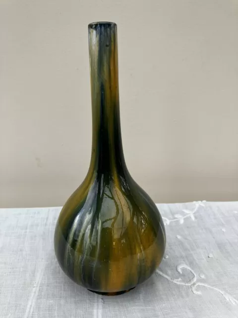 Arts & Crafts Drip Glaze Bulbous Long Neck Green/Yellow Vase 7 1/4"