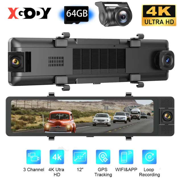 Specchio XGODY 4K dashcam auto anteriore posteriore cabina 12" HD videoregistratore fotocamera