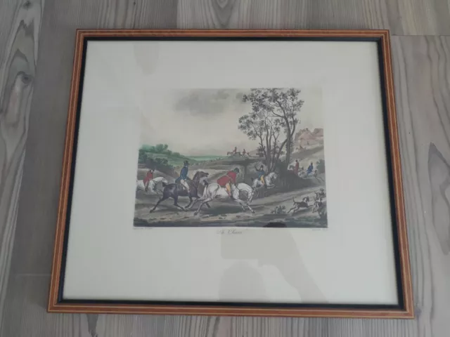 Antique engraving CARL VERNET JAZET LA CHASSE à Running WOODEN FRAME horses