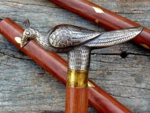 Vintage Designer Brass Victorian Peacock Head Handle Wooden Walking Stick Cane