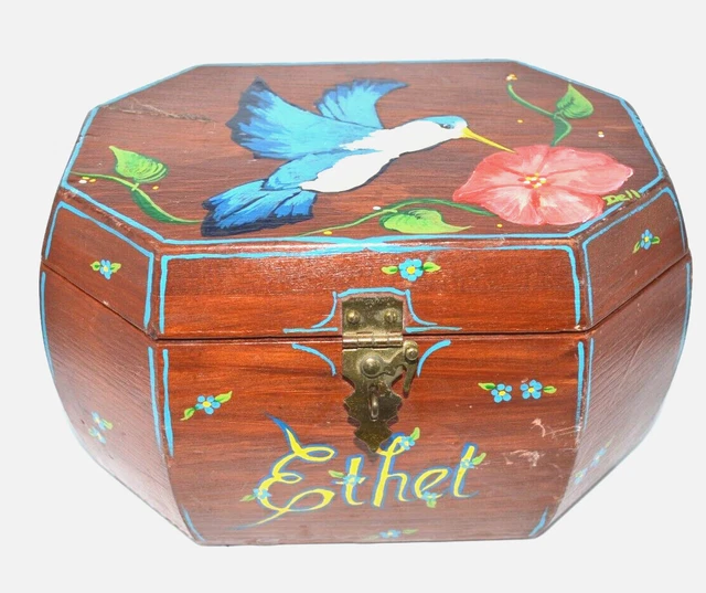 Antique Hand Painted Hummingbird Wood Box Hinged Signed ETHEL DELL 1920's