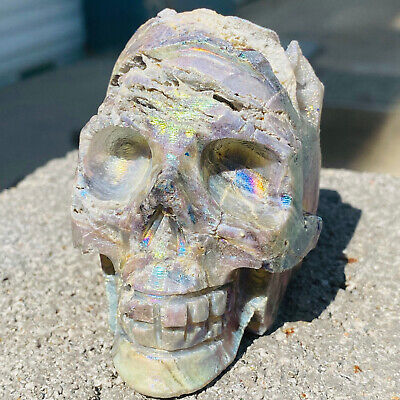 524G Natural crystal cluster quartz mineral specimen, hand carved skull.