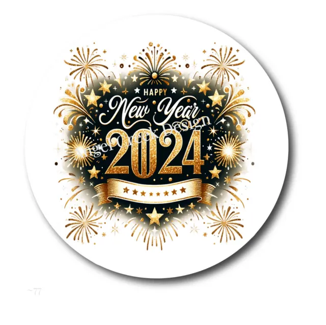 30 HAPPY NEW YEAR ENVELOPE SEALS LABELS STICKERS 1.5 ROUND GOLD ORNAMENTS