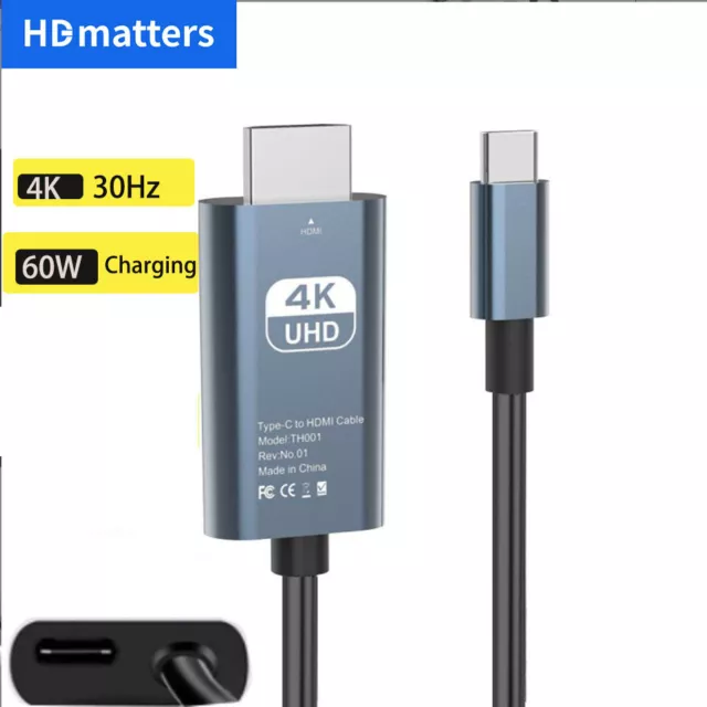 USB Type C to HDMI Adapter Cable 4K 30Hz with Charging PD 60W For Samsung iPad