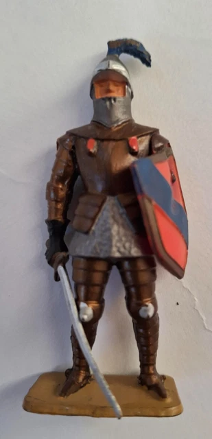 FIGURINE STARLUX MOYEN AGE CHEVAL NOIRE ARMURE GRISE ÉPÉE BOUCLIER PLUMET BLEU