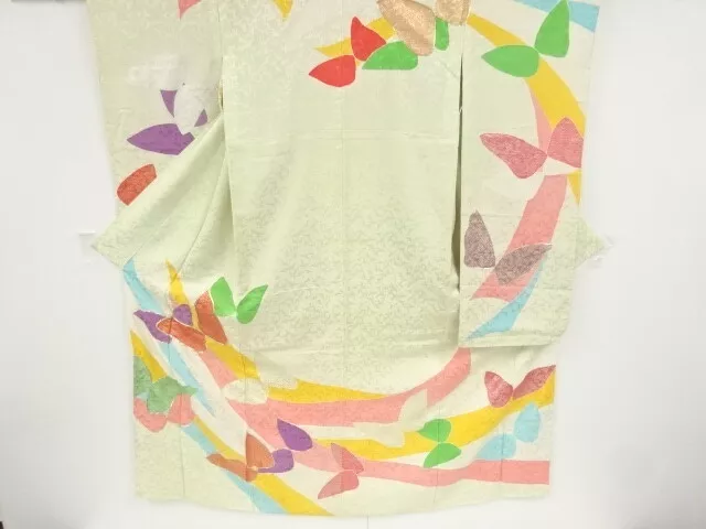 09511# Japanese Kimono / Antique Furisode / Embroidery / Abstract Butterfly