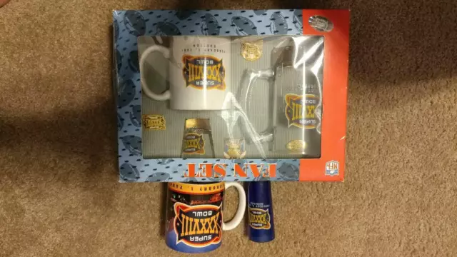 Superbowl Xxxviii 2004 Fan Set In Original Box Plus Extra Mug And Jigger Glass.