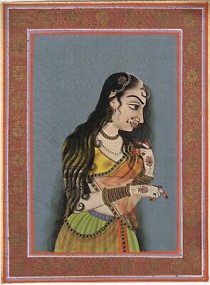 Handmade Indian Beautiful Lady Painting Rajasthan Miniature Art School On Silk