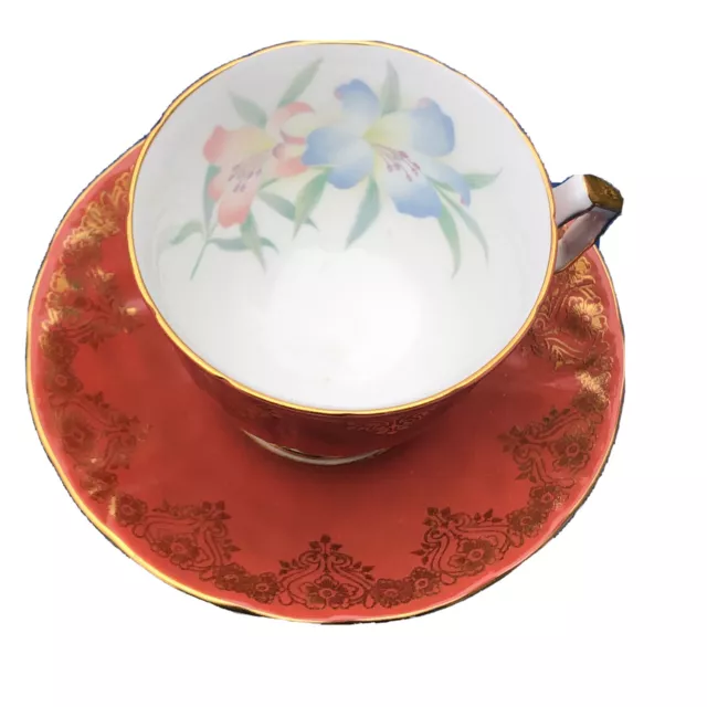 Aynsley Fine Bone China Teacup & Saucer Gold Trim On Coral Floral