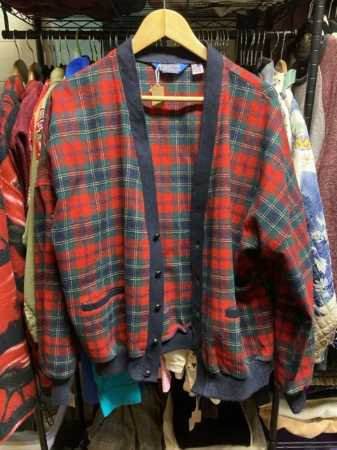 Vintage Pendleton Cardigan Sweater Womens Large Red Plaid Wool USA Made