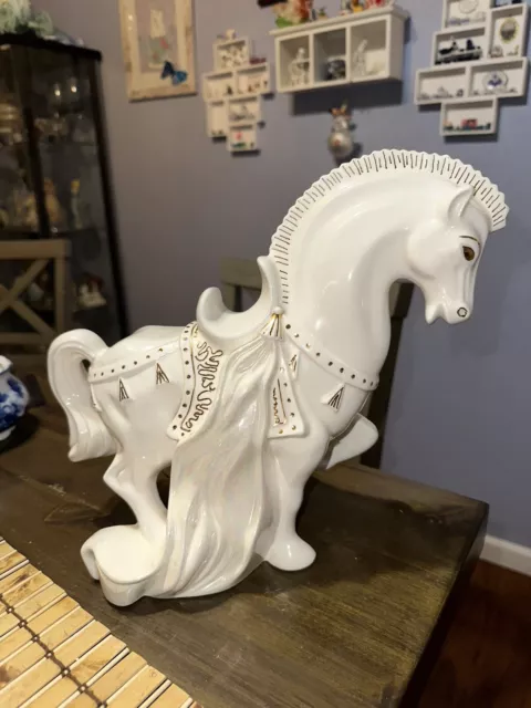 White Ceramic Horse Trojan Statue Gold Iridescent decor figure equestrian pony