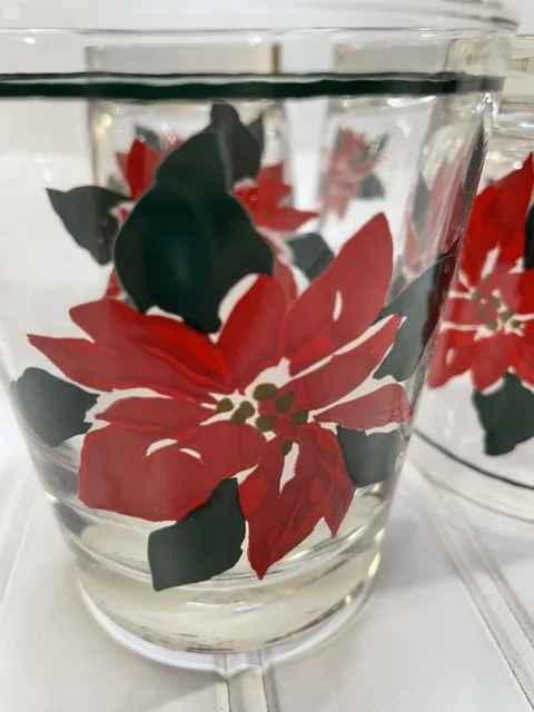 Poinsettia Christmas Anchor Hocking On The Rocks Low Ball Set of 4 Vintage Clear