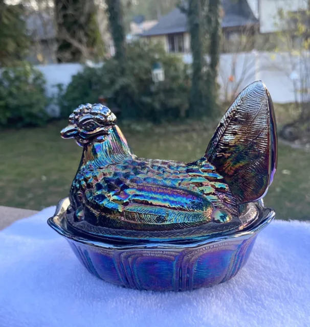 Vintage Fenton Electric Amethyst Purple Carnival Glass Hen On Nest 5.25” X 4.25”