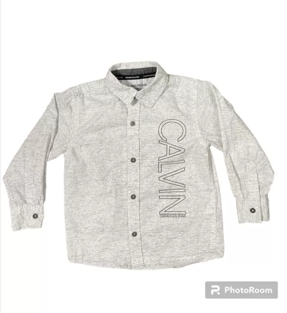 Calvin Klein Jeans Boys Button Down Shirt 3T White/gray Accents