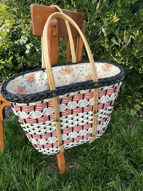 Sac Panier Gondole Vintage En Osier Et Cuir - Ancien, Très Bon état, Dimensions 35x37x20 Cm
