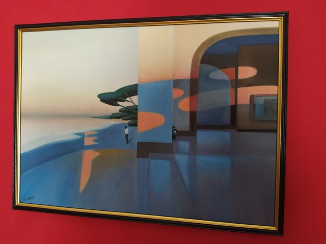 quadro DIPINTO A MANO olio su tela Paesaggio surrealismo mare 70x50 cornice