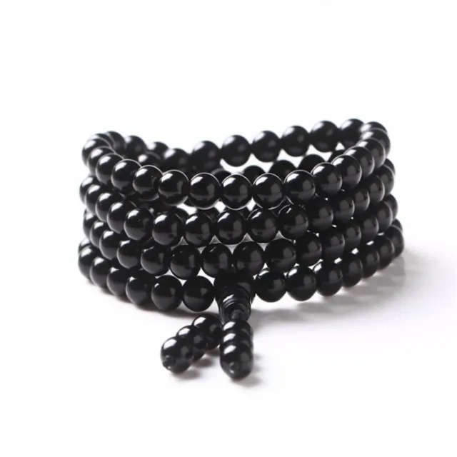 8mm 108 black agate Gemstone buddha beads Mala bracelet yoga tassel Bless