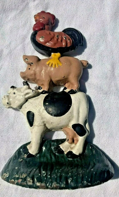 vtg CAST IRON w Patina Door Stop Heavy COW PIG Rooster COTTAGE Chic DECOR Farm