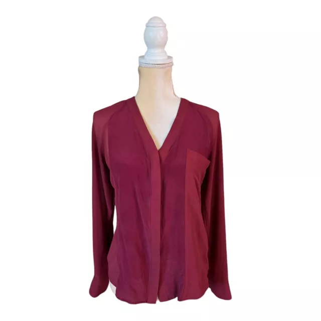 7 All Mankind Red Silk Top Size S Small Long Sleeve Blouse Button Up