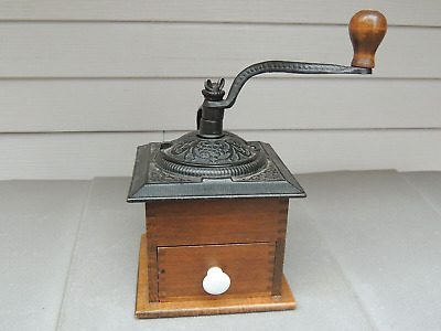 Vintage Cast Iron Hand Crank Wooden Coffee Grinder Bean Mill Dovetail Wood