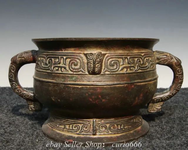9"Old Bronze Ware Dragon Inscription Pattern Double Handle Incense Burner Censer